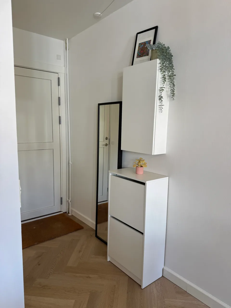 Entré efter renovering med hvidt skoskab, spejl i sort ramme og sildebensgulv ind mod hoveddøren.